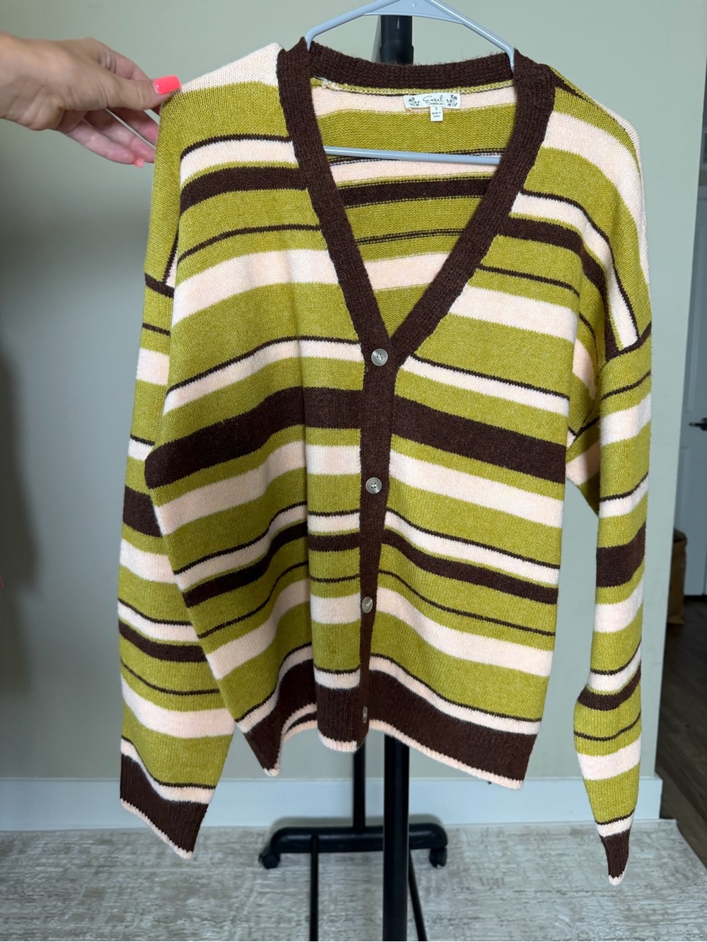 NWOT Striped Olive, Cream & Brown V-Neck Button-Front Cardigan BY EASEL